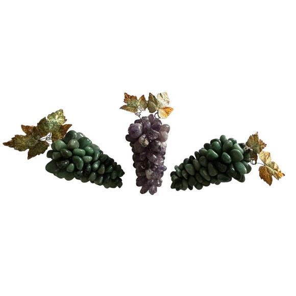 Set Of 3 Aventurine Amethyst Stone Green Purple Grapes Cluster Metal Leaf MCM - Picture 1 of 10